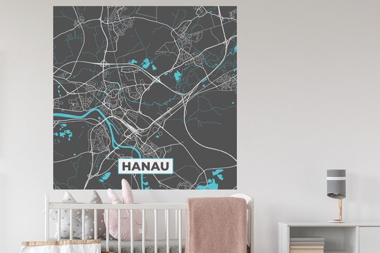 Muurstickers - Sticker Folie - Blauw – Duitsland – Plattegrond – Stadskaart – Kaart – Hanau - 120x120 cm - Plakfolie - Muurstickers Kinderkamer - Zelfklevend Behang XXL - Zelfklevend behangpapier - Stickerfolie