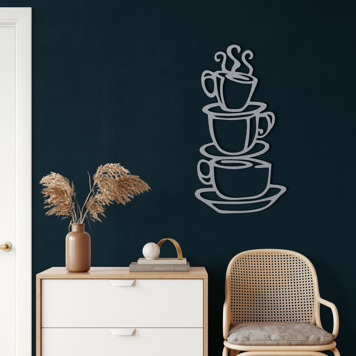 Wanddecoratie | Koffiekopjes  / Coffee Cups | Metal - Wall Art | Muurdecoratie | Woonkamer |Zilver| 24x45cm