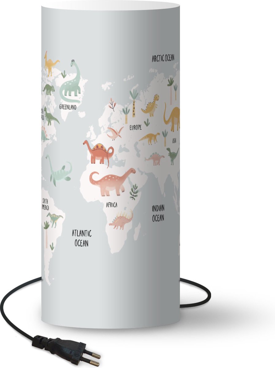 Lamp - Nachtlampje - Tafellamp slaapkamer - Kinderkamer - Wereldkaart - Dinosaurussen - 70 cm hoog - Ø29.6 cm - Inclusief LED lamp