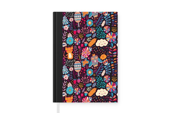 Notitieboek - Schrijfboek - Patroon - Uil - Kat - Bloemen - Notitieboekje klein - A5 formaat - Schrijfblok