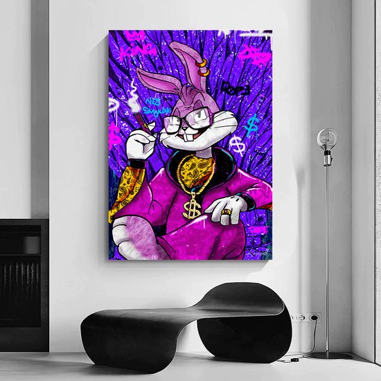 Luxe Canvas Schilderij Bugs Bunny | 40x60 | Woonkamer | Slaapkamer | Kantoor | Muziek | Design | Art | Modern | ** 4CM DIK! 3D EFFECT**