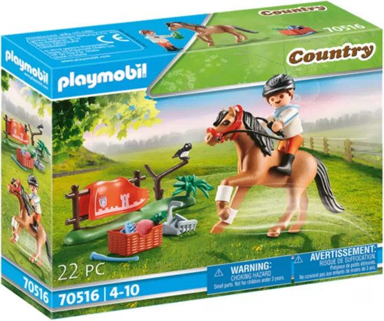 Boîte de jeu Playmobil Country avec cheval brun et cavalier en chemise blanche, pantalon orange et bottes noires. Avec des accessoires tels qu'un enclos, un panier et un oiseau.