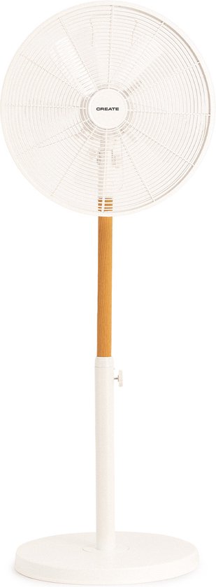 Retro staande ventilator 50W koperen motor 3 snelheden 75° oscillatie verstelbaar 5 bladen wit