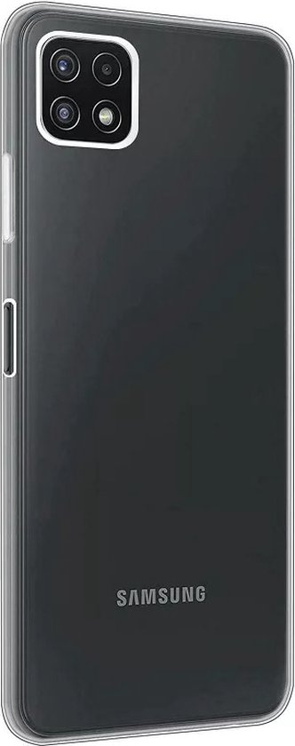 Achterkant van een transparant siliconen Samsung Galaxy A22 5G hoesje met het Samsung logo.