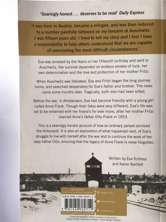 Achterkant van een boek met tekst over Eva Schloss en een afbeelding van een concentratiekamp. Titel van de recensie: 'Serrrringly honest... deserves to be read' Daily Express.