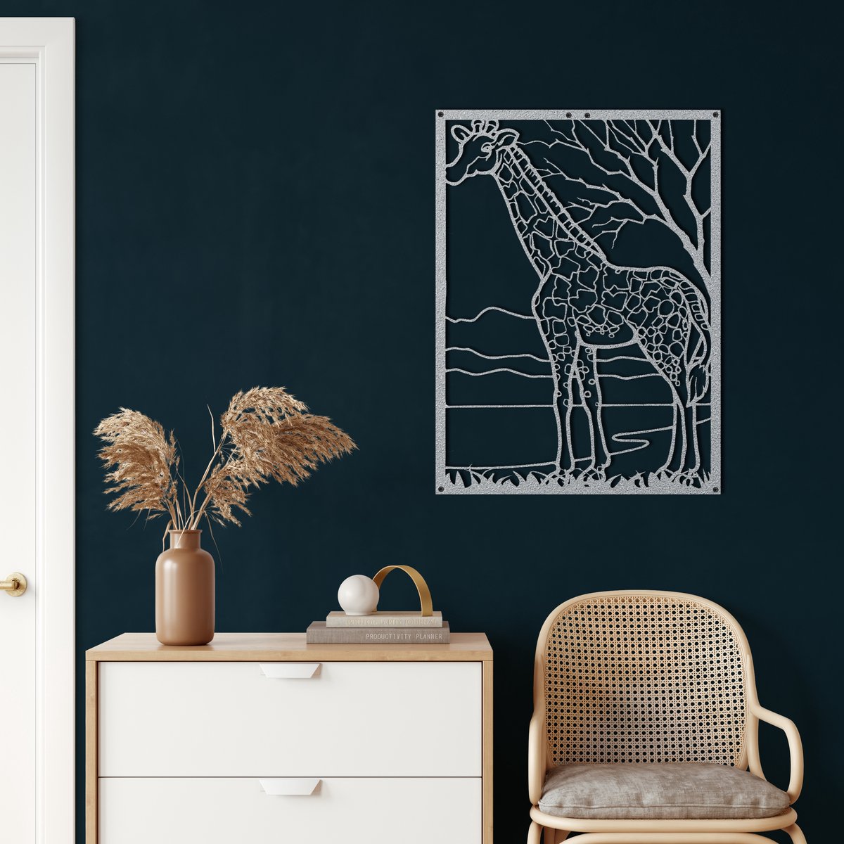 Wanddecoratie | Giraffe | Metal - Wall Art | Muurdecoratie | Woonkamer |Zilver| 45x32cm