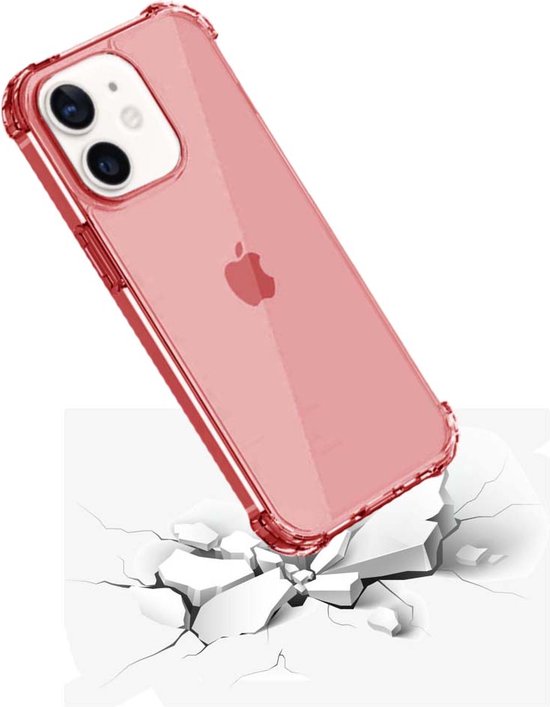 Een doorzichtig rood iPhone 12 hoesje met verstevigde hoeken dat op gebroken stenen valt.