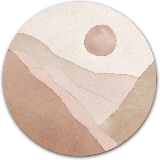 Wandcirkel Abstract Mountain Valley op hout - WallCatcher | Multiplex 100 cm rond | Houten muurcirkel Abstracte kunst Bergen vallei