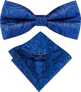 Vlinderdas inclusief pochet en manchetknopen - 100% zijden - Paisley - blauw - vlinderstrik - strik - pochette - heren - Cadeau