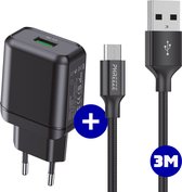 Snellader met Gevlochten USB-C Kabel 3 Meter - 18W Quick Charge 3.0 Adapter + Nylon Gevlochten USB-C Snoer