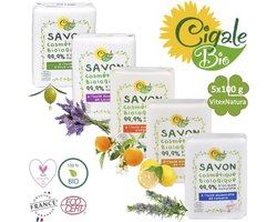 Cigale Bio 5x100g Biologische essentiële rozemarijn, citroen, sinaasappel, lavendel, olijf olie zeep. Zonder conserveermiddel - kleur