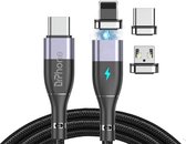 DrPhone ECHO2 - 3 in 1 - USB-C naar USB C/Lightning/Micro USB Magnetische Nylon Gevlochten Kabel - 60W 20V 3A – 480 Mbps – QC4.0/3.0 – 1 meter – Zwart