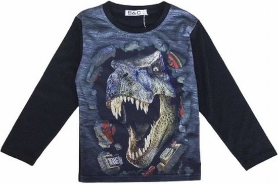 S&C Dinosaurus shirt - Lange Mouw - Dino shirt - T-rex - Zwart - maat 86/92 (2y)