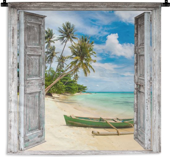 Wandkleed - Wanddoek - Kano - Strand - Palmboom - Strand - Doorkijk - 120x120 cm - Wandtapijt