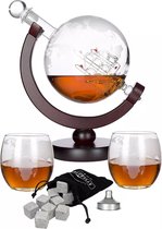 Whiskey Decanteer karaf - Glazen Wereldbol - Incl. 2 glazen + 9 whiskey stenen - Luxe Whiskey set - Globe Whiskey Decanter