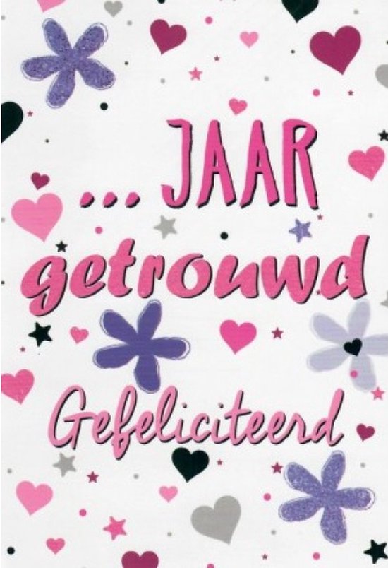 … jaar getrouwd! Gefeliciteerd! Een bijzondere kaart met mooie hartjes, sterren en andere tekeningen in allerlei kleuren. Een dubbele wenskaart…