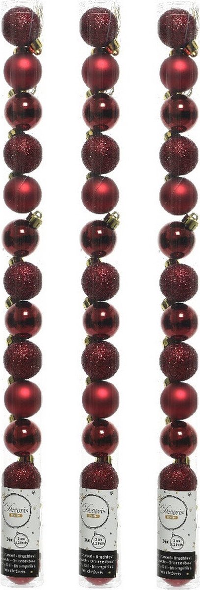 Set van 42 kleine kunststof kerstballen in donkerrood - glanzend, mat en glitter.