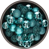37x stuks kunststof kerstballen turquoise blauw 6 cm inclusief kerstbalhaakjes - Kerstversiering - onbreekbare kerstballen
