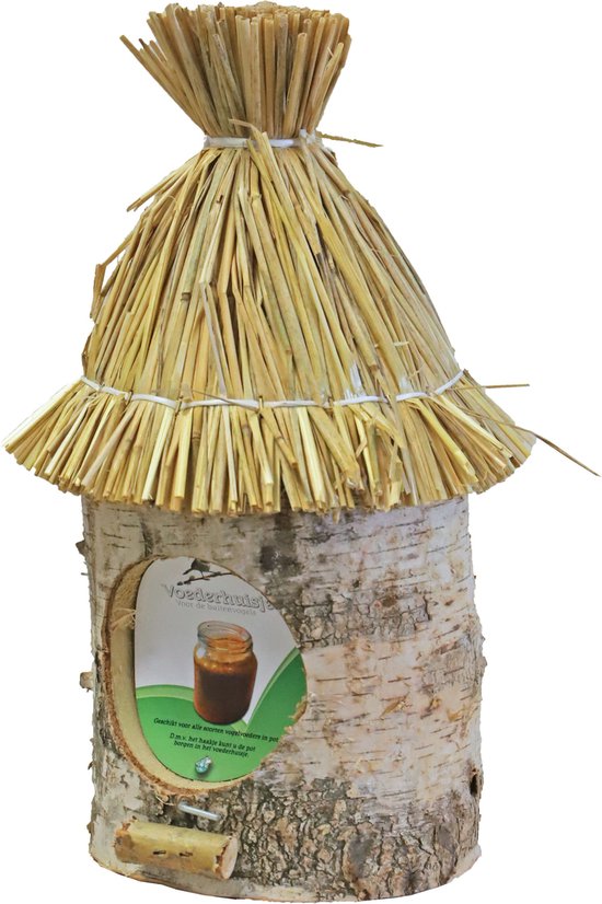 Nichoir / mangeoire / maison de beurre de cacahuète bois de bouleau avec toit de paille 36 cm y compris beurre de cacahuète oiseau - Mangeoire à oiseaux