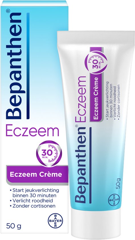 Bepanthen Eczeem crème tube en kartonnen verpakking, beide met paars "30 min" logo.