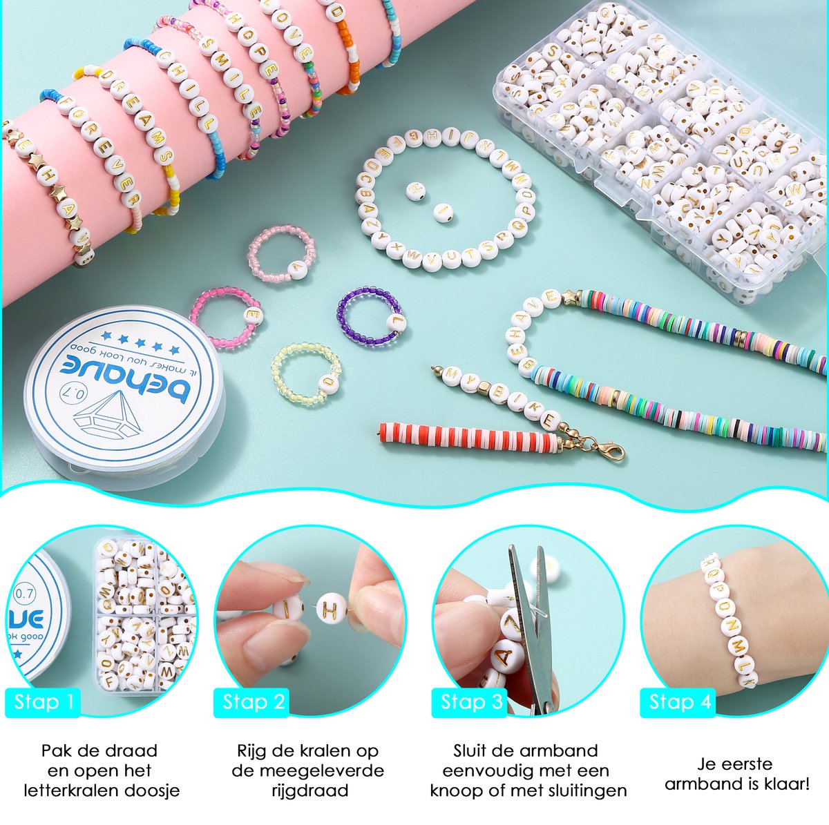 Behave Letterkralen Set - Wit met Gouden Letters - Acryl - Kralen - Alfabet Kralen - 7mm - 624 Stuks — afbeelding 5