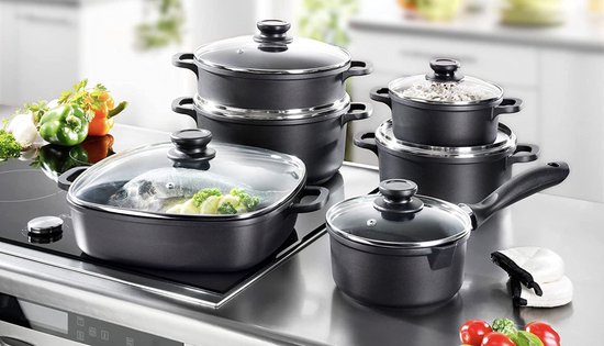 Pannenset (gegoten aluminium, 12-delig, Teflon Classic-antiaanbaklaag, incl. glazen deksel en 2 thermogrips) zwart
