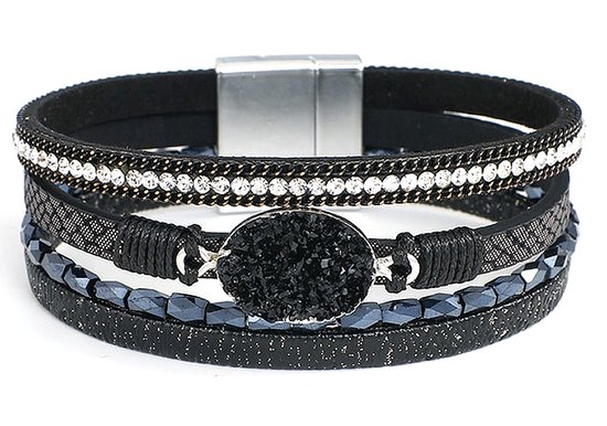Bracelet Montebello Kari Noir - Simili Cuir - Strass - Zircone - 38cm