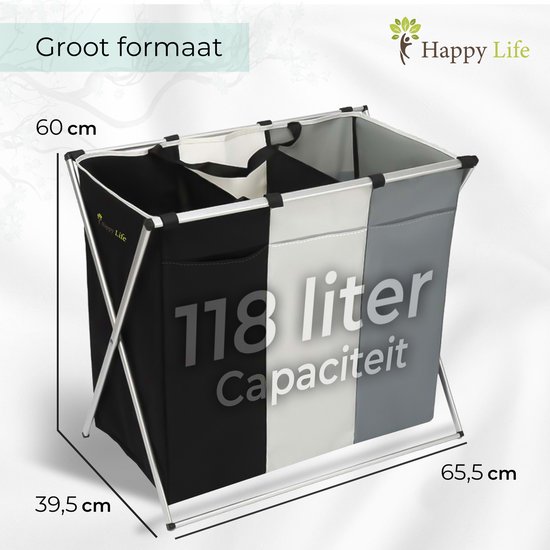 Wasmand 3 Vakken – Wassorteerder 118 L – Opvouwbaar – Aluminium Frame – Zwart/Grijs/Wit