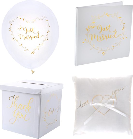 Foto: 11 delige bruidsset just married wit met goud met gastenboek moneybox ringkussen en ballonnen gastenboek ringkussen enveloppendoos ballon trouwen just married