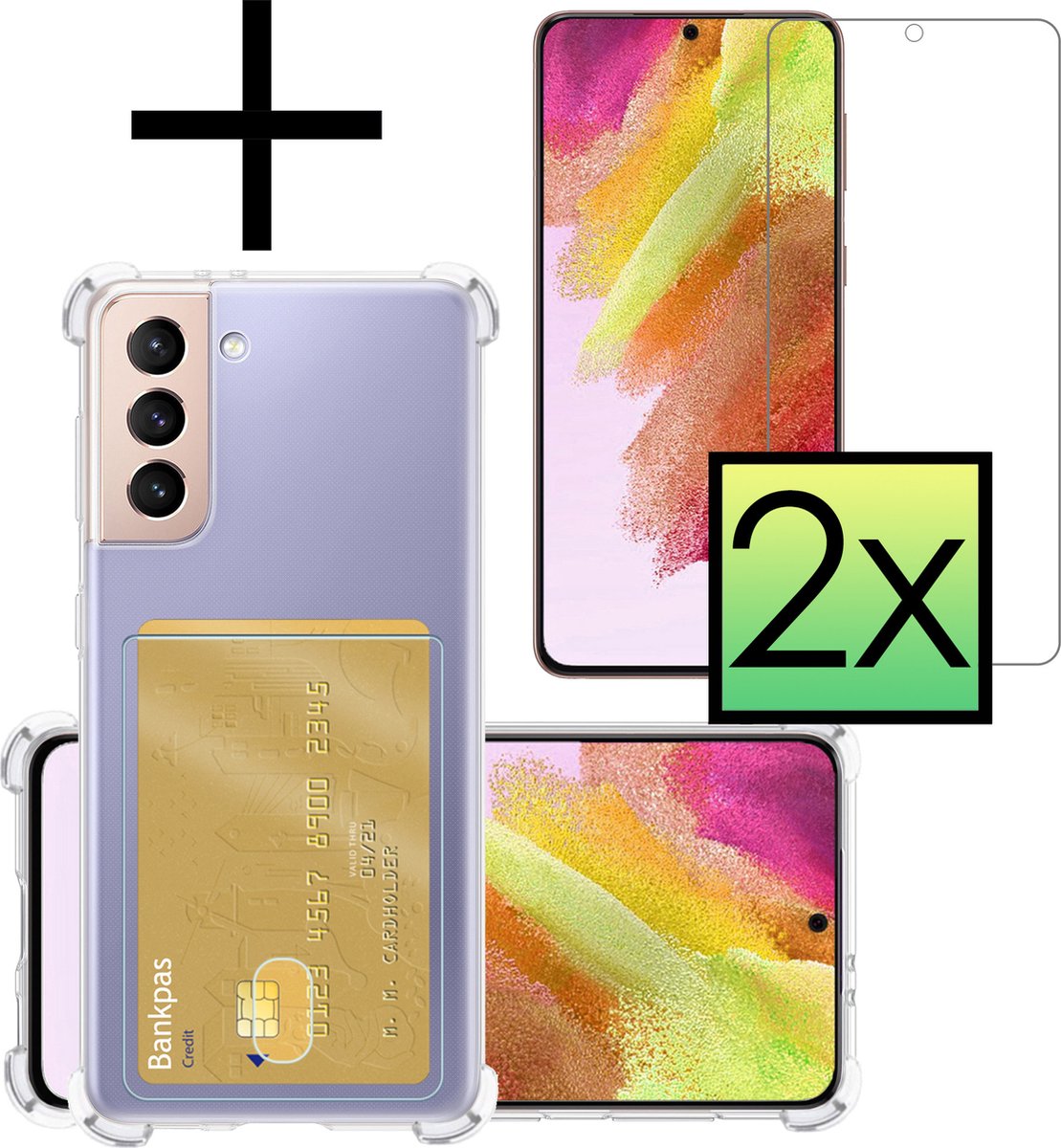 Hoesje - Geschikt voor Samsung Galaxy S21 FE - Met 2x Screenprotector - Pashouder - Kaarthouder - Telefoon Hoes Shockproof - Siliconen Case - Back Cover - Shock Proof - Pasjes Houder - Transparant