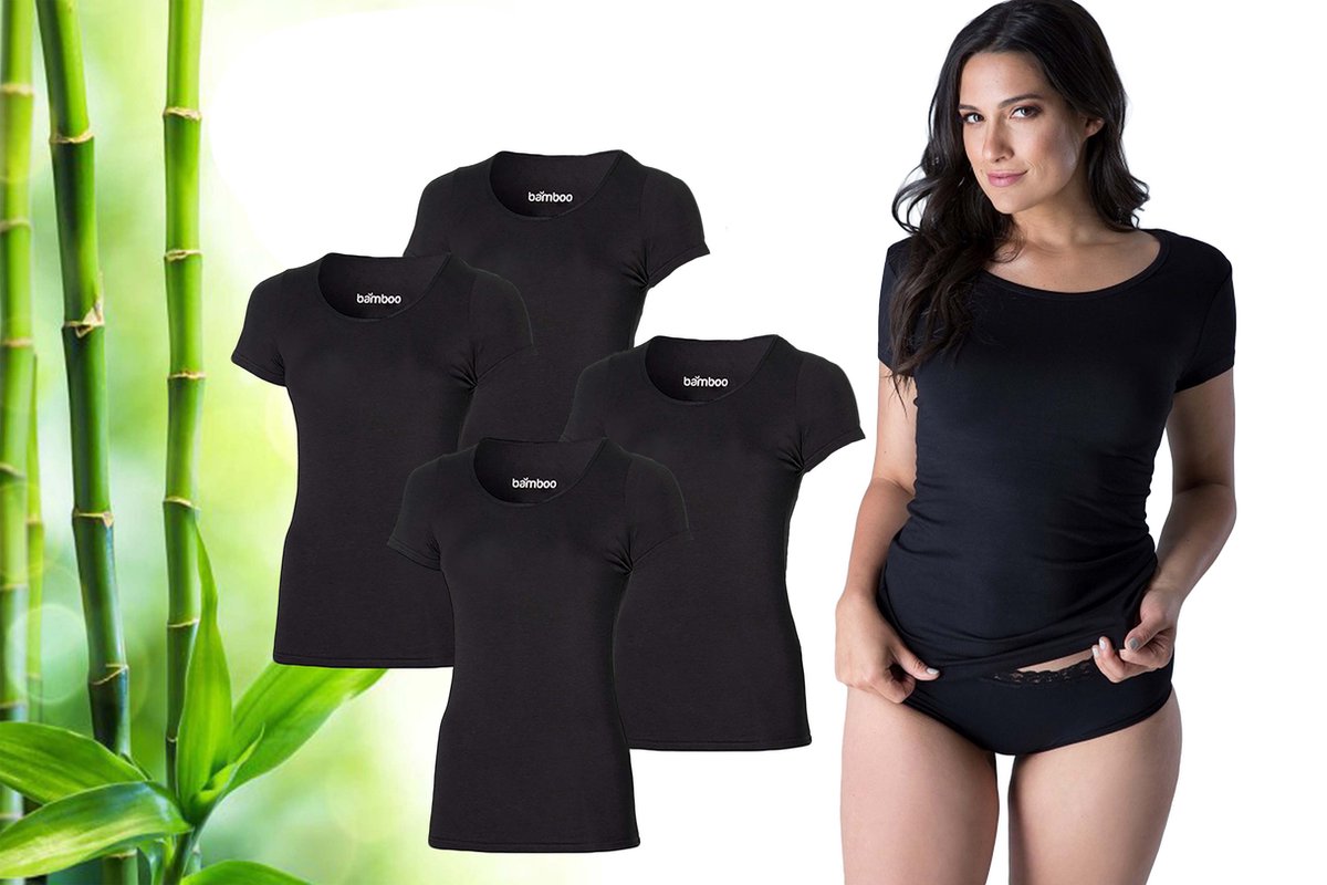 Bamboo Elements - T Shirt Dames - Bamboe - Ronde Hals - 4 Stuks - Zwart - L - Anti Zweet Shirt Dames - Bamboe Ondershirt - Onderhemd Dames Shirts Korte Mouw - Extra Lang