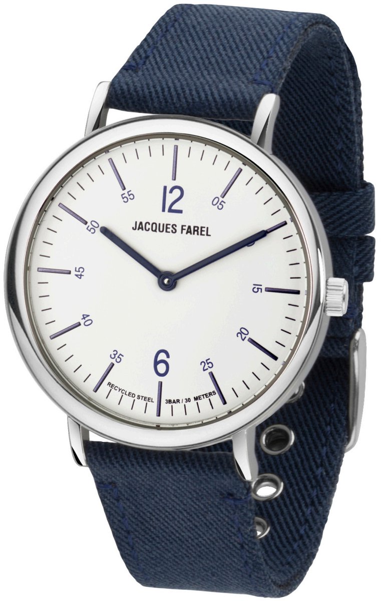 JACQUES FAREL hayfield - Duurzaam horloge - Vegan - Unisex - Gerecycled staal - Blauw - Analoog - ORS 5555