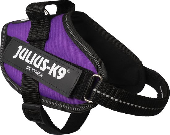 Paars Julius-K9 IDC Power tuig met zwarte banden en reflecterende bies. Zwart "JULIUS-K9" label.