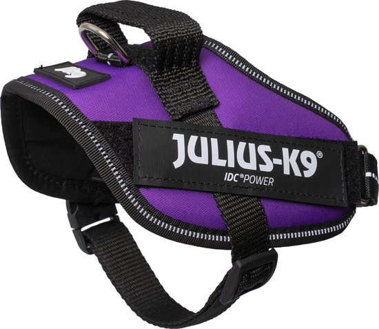 Paars Julius-K9 IDC Power tuig met zwarte banden, reflecterende bies en "JULIUS-K9" label.