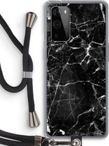 Case Company® - Hoesje met koord geschikt voor OnePlus 9 Pro hoesje met Koord - Zwart Marmer - Telefoonhoesje met Zwart Koord - Bescherming aan alle Kanten en Over de Schermrand