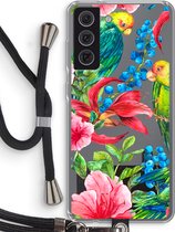 Case Company® - Hoesje met koord geschikt voor Samsung Galaxy S21 FE hoesje met Koord - Papegaaien - Telefoonhoesje met Zwart Koord - Bescherming aan alle Kanten en Over de Schermrand