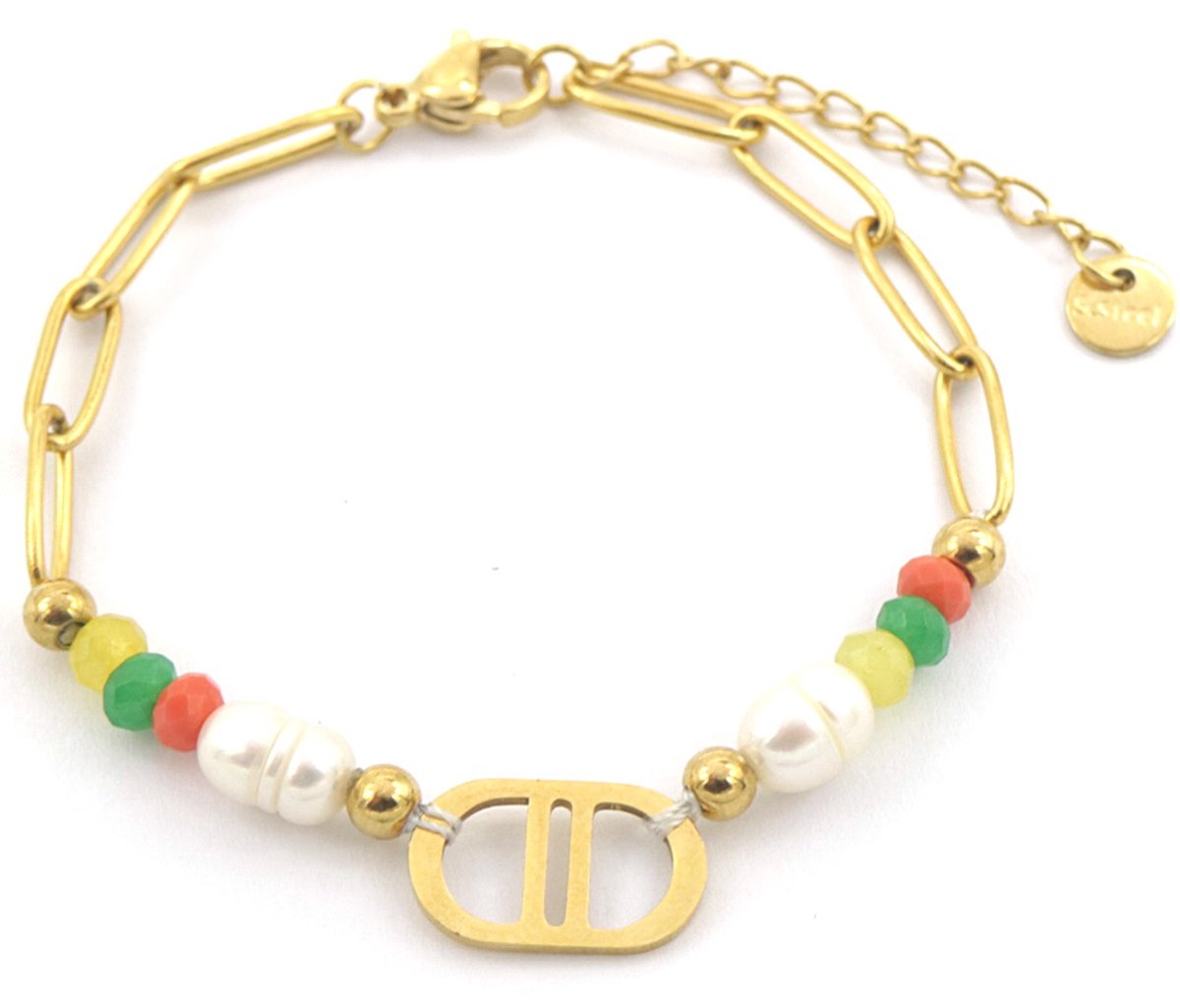 Armband Dames - Parel en Kralen - RVS - Lengte 15-18 cm - Goudkleurig en Multi