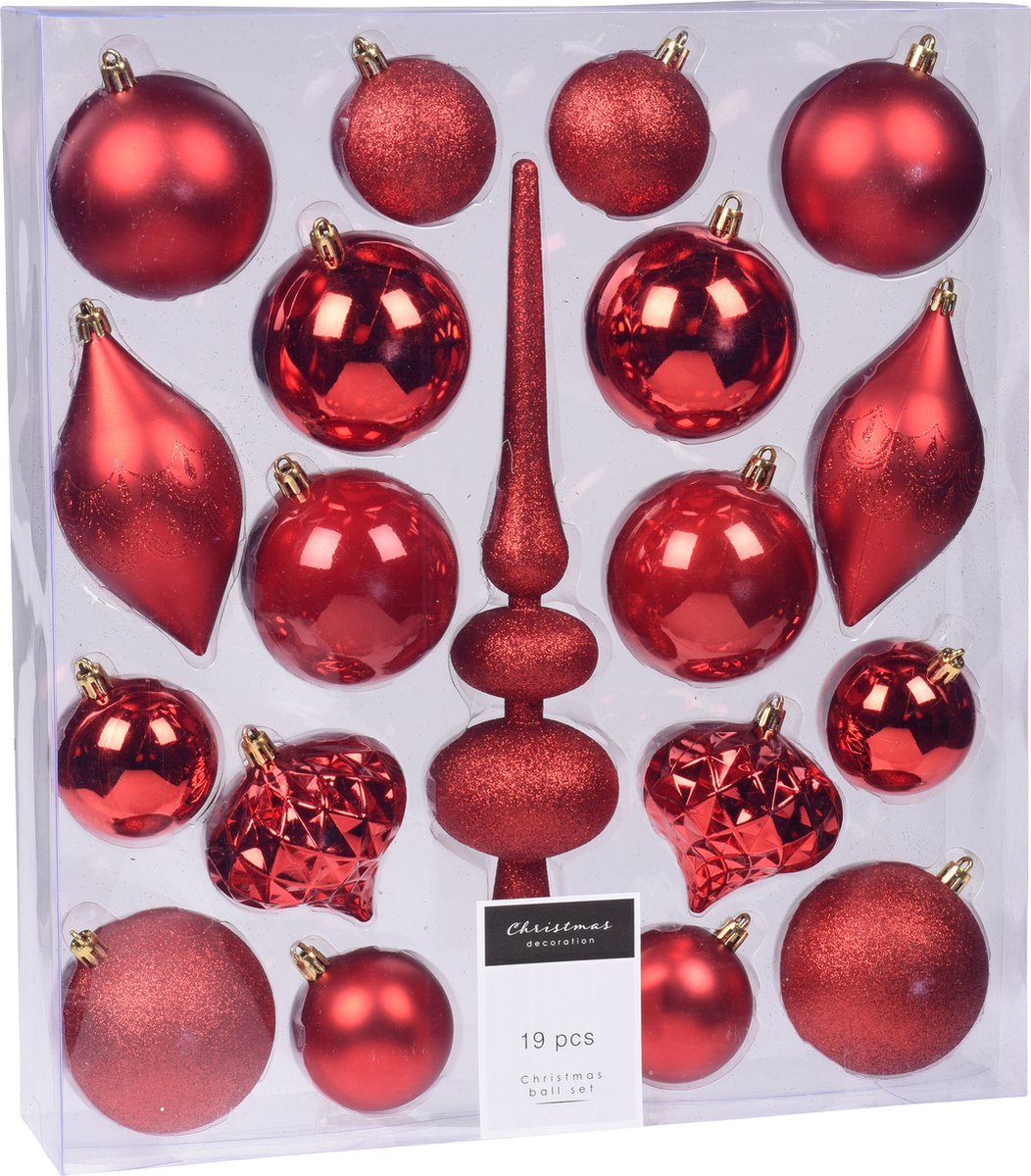 Compleet kerstballenpakket rode kunststof kerstballen met piek 19-delig