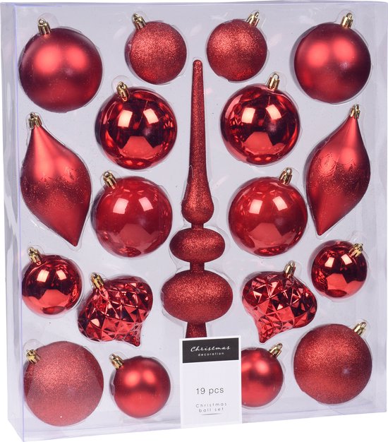 zegen klasse soort Compleet kerstballenpakket rode kunststof kerstballen met piek 19-delig |  bol.com