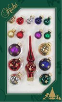 Luxe gekleurde glazen mini kerstballen en piek set voor mini kerstboom 16-dlg - Kerstversiering/kerstboomversiering gekleurd