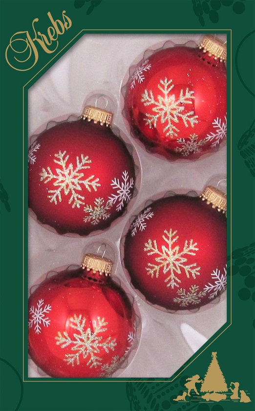 Krebs Kerstballen 4 stuks rood met sneeuwvlok glas 7 cm bol