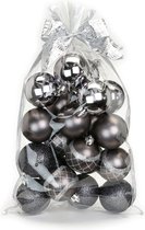20x stuks kunststof/plastic kerstballen zwart/antraciet mix 6 cm in giftbag - Kerstboomversiering/kerstversiering