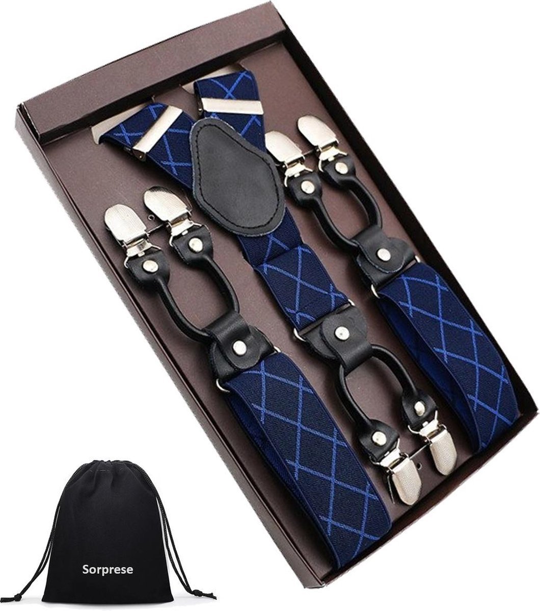 Luxe chique - heren bretels - donkerblauw geruit met blauw design - zwart leer - 6 extra stevige clips