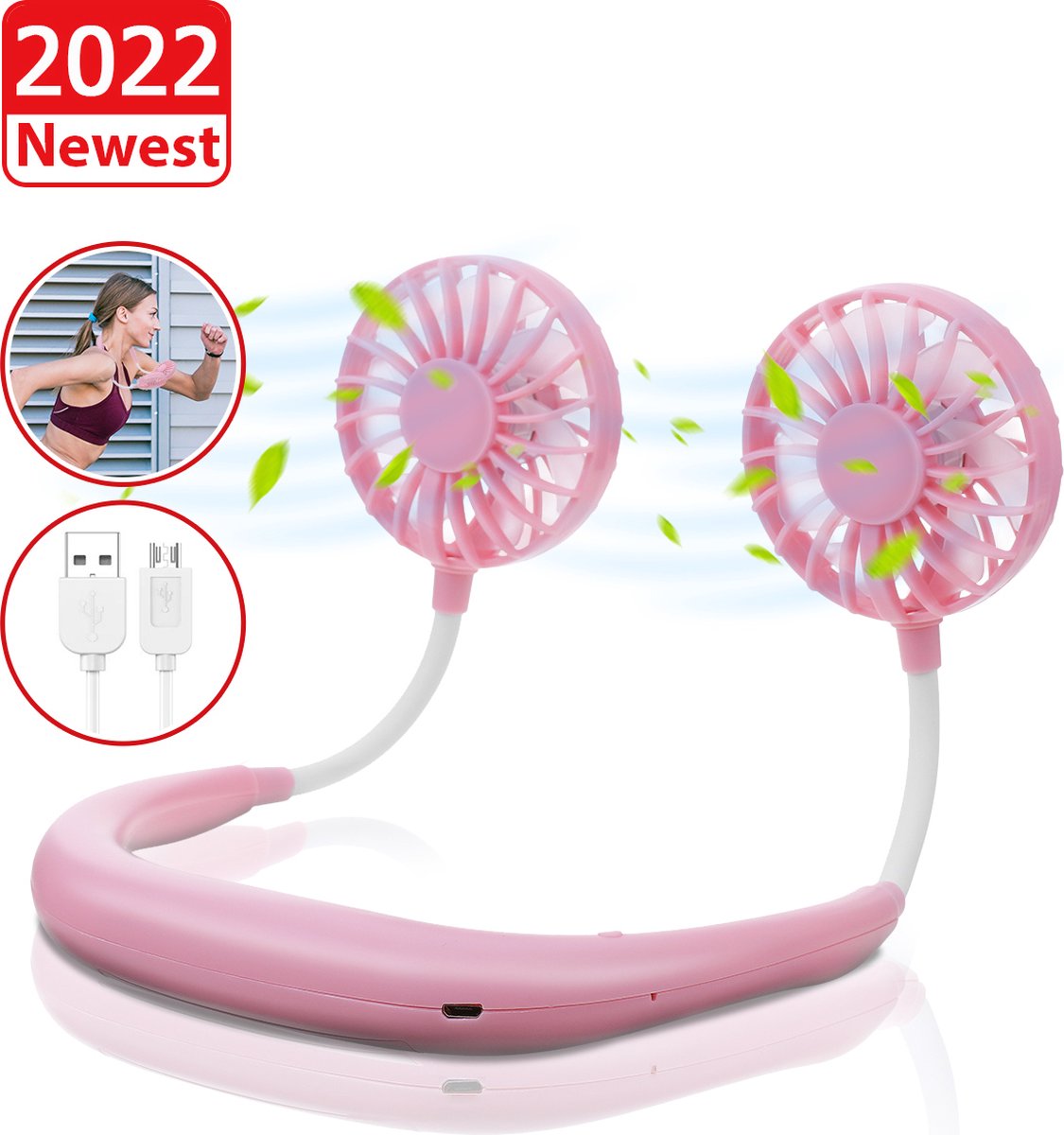 Draagbare Nek Ventilator – USB ventilatoren - Flexibele Luchtkoeler met 7 kleuren LED Verlichting – Draadloos - voor thuis kantoor sporten - roze