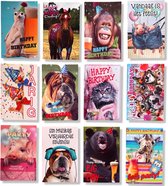 Cards & Crafts 12 Felicitatie wenskaarten - dieren verjaardag kaarten - 11x16cm - gevouwen kaart met envelop