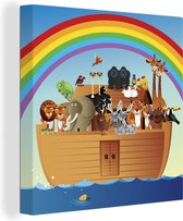 Canvas Schilderij Een illustratie van de ark van Noach onder de regenboog - 90x90 cm - Wanddecoratie