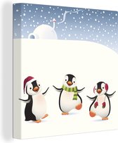 Canvas Schilderij Een illustratie van drie pinguïns in de sneeuw - 20x20 cm - Wanddecoratie