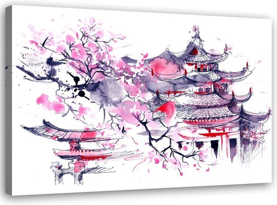 Trend24 - Canvas Schilderij - Japan Aquarel - Schilderijen - Steden - 60x40x2 cm - Roze