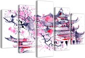 Trend24 - Peinture sur toile - Paysage japonais - Pentaptyque - Paysages - 200x100x2 cm - Violet