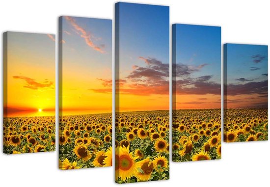 Trend24 - Canvas Schilderij - Zonnebloemen Op Een Weide - Vijfluik - Bloemen - 100x70x2 cm - Geel